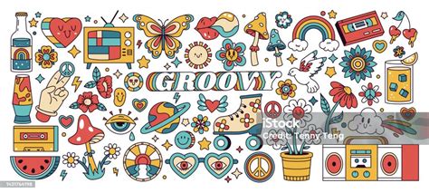 Groovy Retro Hippie Stickers Flowers Rainbows And Mushrooms Cartoon