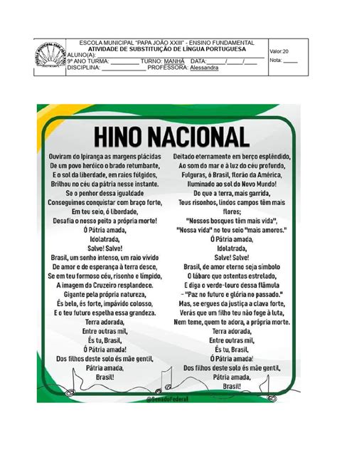 Interpretando O Hino Nacional - Atividades sobre o Hino Nacional - 9º Ano | PDF
