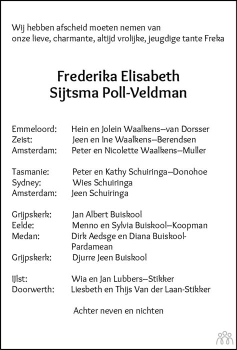 Frederika Elisabeth Sijtsma Poll Veldman Overlijdensbericht