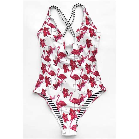 2018 Flamingo Print One Piece Swimsuit Sexy Deep V Neck Bodysuit