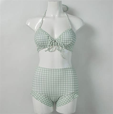 Cute Green Plaid Grid Pattern Women Summer Bikini Two Piece Swimsuit Sugarplum Y2k Coquette