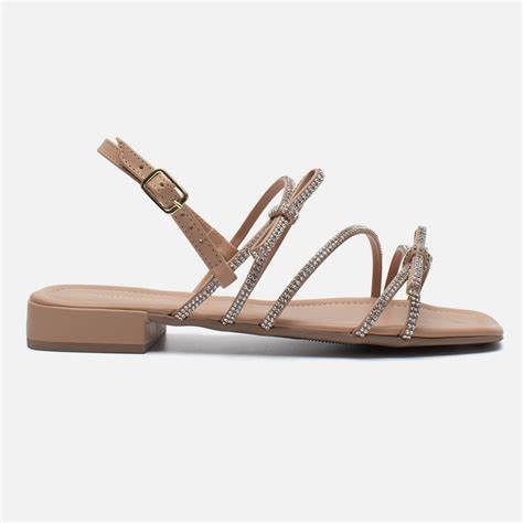 Rasteirinha Sandália Feminina Peep Toe Salto Laço Strass Nude