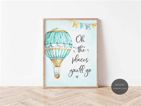 Oh The Places You Ll Go Nursery Wall Art Travel Nursery Decor Hot Air Balloon Boy Nursery