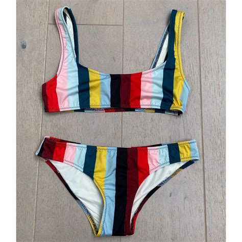 Solid Striped Multicoloured Bikini Set Size S Depop