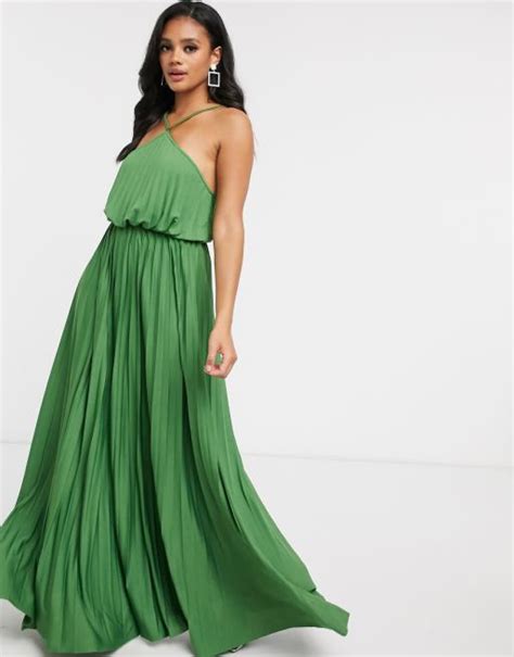 Asos Design Halter Neck Pleated Maxi Dress In Green Asos