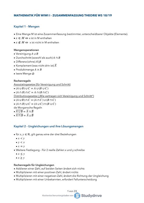 Zusammenfassung Ws Mathematik F R Wiwi I Zusammenfassung