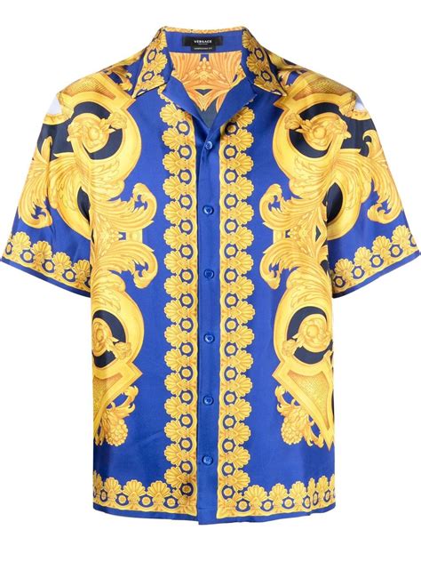 Versace Baroque Print Silk Shirt In Blue Modesens