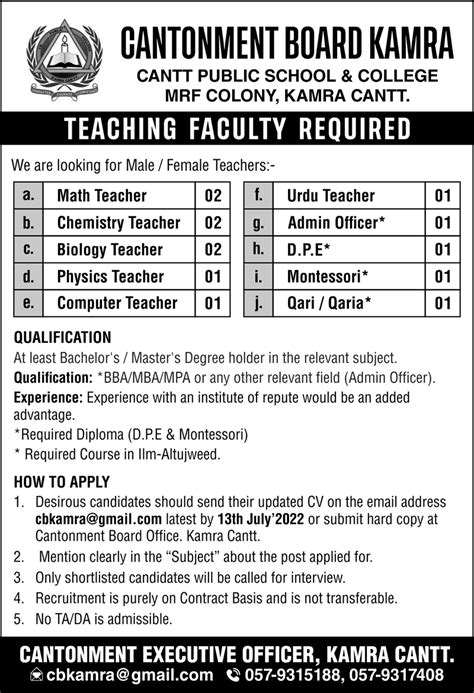 Cantt Public School College Kamra Cantt Jobs Job