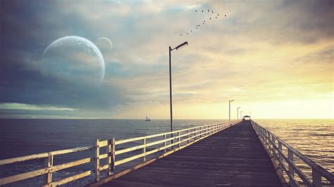 Pier Planets Ocean Sunset HD Brown Wooden Sea Dock Fantasy Ocean