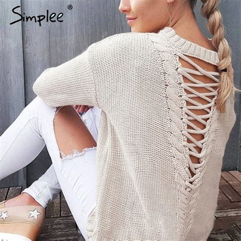 Simplee Sexy Backless Women Sweater Hollow Out Long Sleeve Pullovers