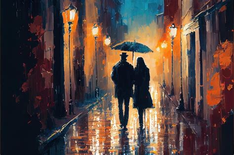 Premium AI Image A Painting Of A Couple Walking In The Rain Holding