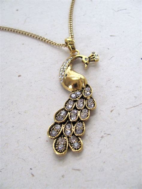 Art Deco Style Peacock Pendant Necklace On Long Gold Chain Etsy Peacock Pendant Peacock