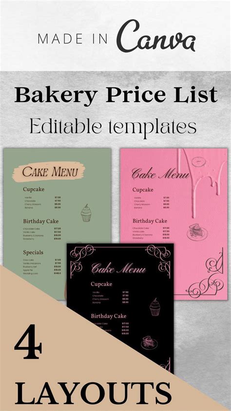 Editable Bakery Price List Printable Cupcake Menu Cake Etsy Uk