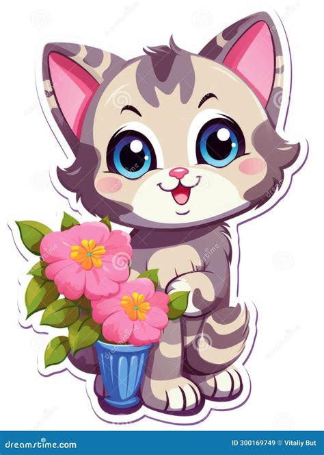 Cartoon Sticker Cute Kitten With Flowers Ai Stock Image Image Of