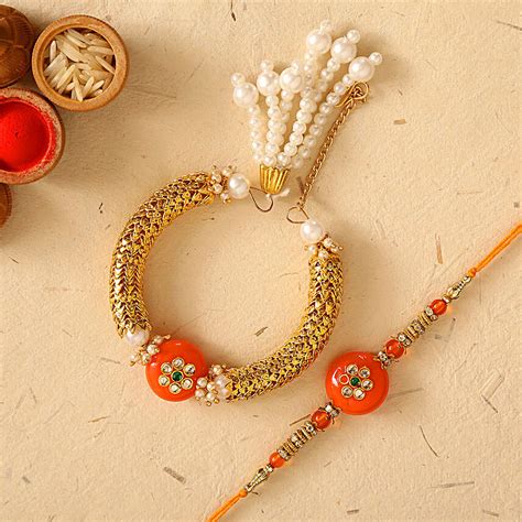 Orange Pearl And Lumba Rakhi Set Singapore Gift Orange Pearl And