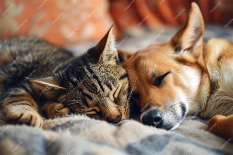 Premium Photo | A dog and a cat sleeping together on a bed