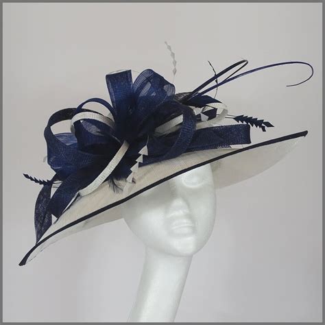 White And Navy Blue Wedding Hat Derby Day Ladies Day Sinamay Hat Mother Of The Bride Formal