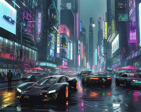 La calle de la ciudad cyberpunk por la noche con luces de neón y