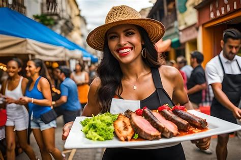 Uma mulher segurando um prato de comida um chapéu de palha Foto