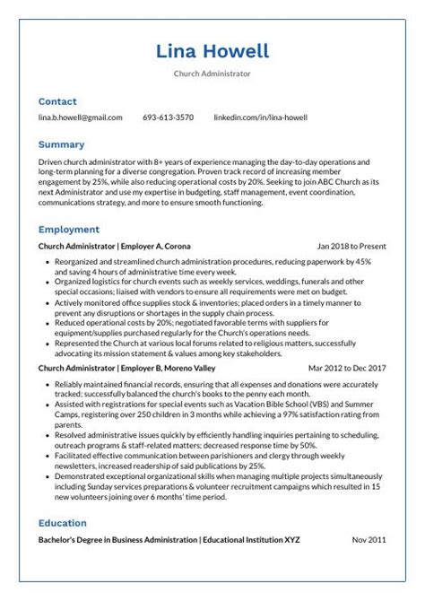 Church Administrator Resume Cv Example And Writing Guide