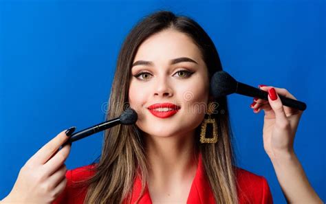 Gorgeous Lady Make Up Red Lips Attractive Woman Applying Makeup Brush