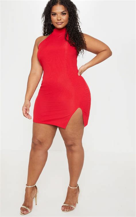 Plus Red Ribbed Bodycon Dress Plus Size Prettylittlething Ksa