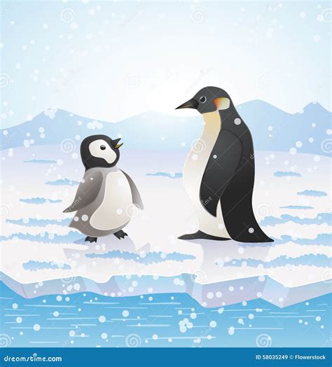 Cartoon Penguins On Icy Landscape Vector Stock Vector Illustration