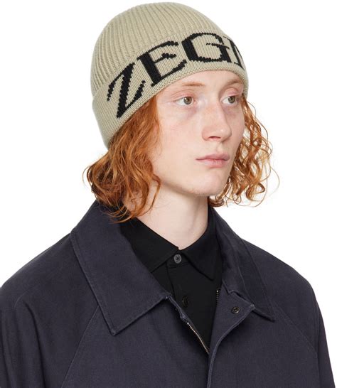 ZEGNA Off White Black Logo Beanie Zegna