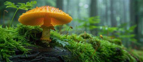 Bright Yellow Mushroom Among Lush Green Forest Stock Photo Image Of