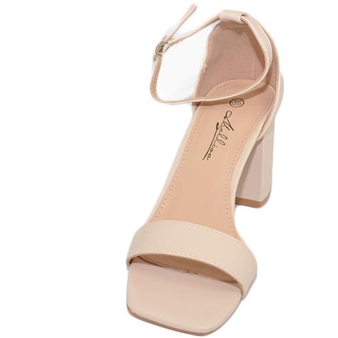 Sandali Donna Scarpe Basic Pelle Nude Beige Punta Quadrata Tacco Basso 5 Cm Quadrato Cinturino