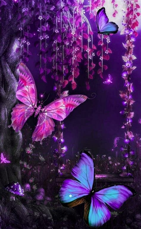 Two Purple Butterflies Flying In The Night Sky Over Flowers And Trees