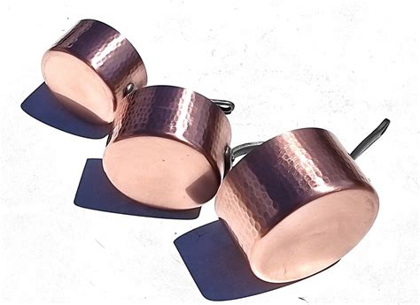 Vintage French Copper Saucepan Set Of 3 Hammered Walls Tin Lining 2mm 7