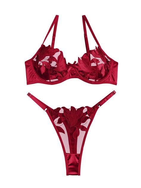 Lilosy Sexy Satin Mesh Floral Sheer Embroidered Underwire Lingerie Set 2 Piece Women Push Up See