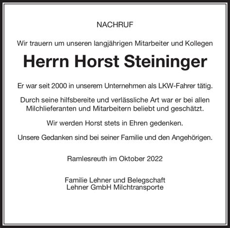 Traueranzeigen Von Horst Steininger Nordbayerischer Kurier