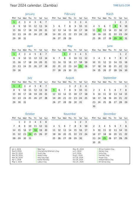 Calendar for 2024 with holidays in Zambia | Print and download calendar