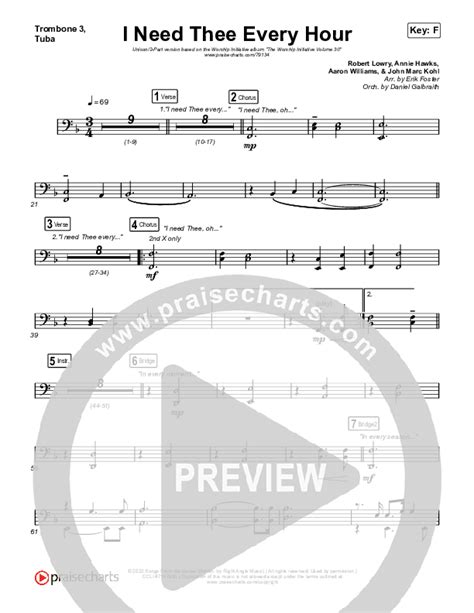 I Need Thee Every Hour Unison Part Choir Trombone Tuba Sheet Music