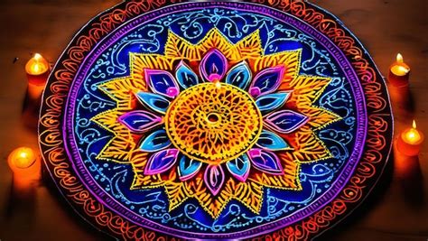 Colorful Rangoli With Symmetrical Patterns And Intricate Borders