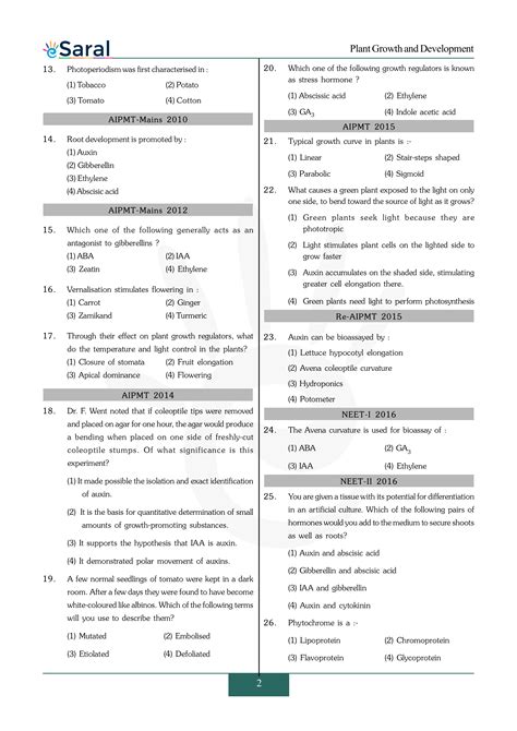 Plant Growth And Development Neet Previous Year Questions With Complete Solutions