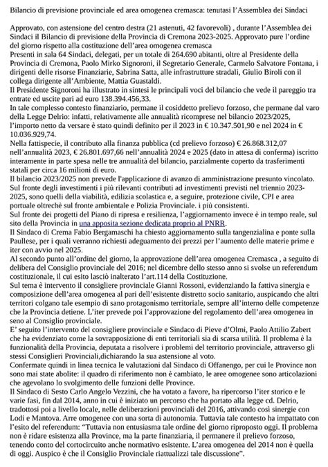 Provincia Cremona Bilancio Di Previsione Provinciale Ed Area Omogenea