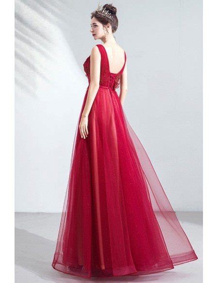 Burgundy Red Tulle Aline Prom Dress With Illusion Vneck Wholesale