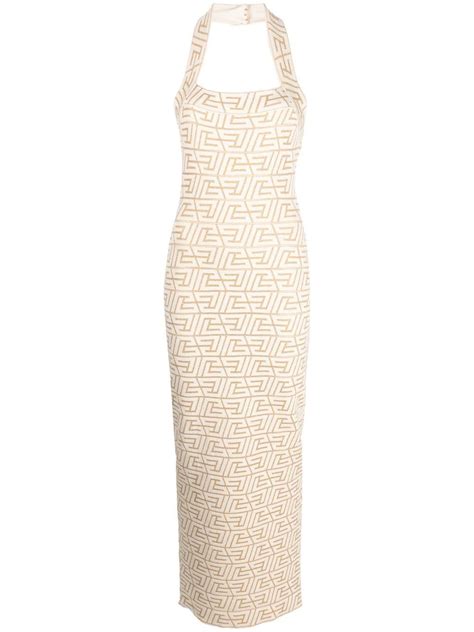 Balmain Logo Jacquard Halterneck Dress In Nude ModeSens