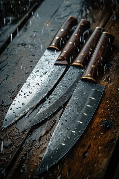 Premium Photo Knives Made Of Damascus Steel On A Wooden Board