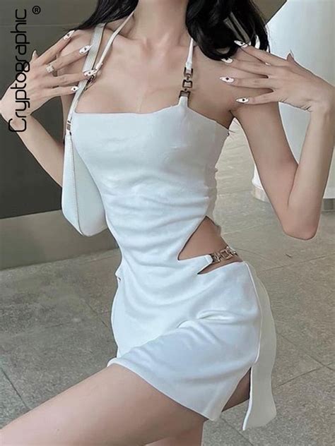 Cryptographic Elegant Halter Sexy Cut Out Summer Skinny Mini Dress For Women Club Party Backless