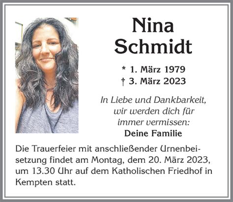 Traueranzeigen Von Nina Schmidt Augsburger Allgemeine Zeitung