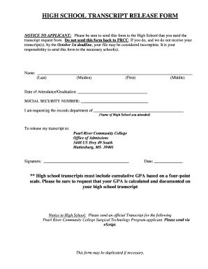 Fillable Online High School Transcript Release Form Fax Email Print