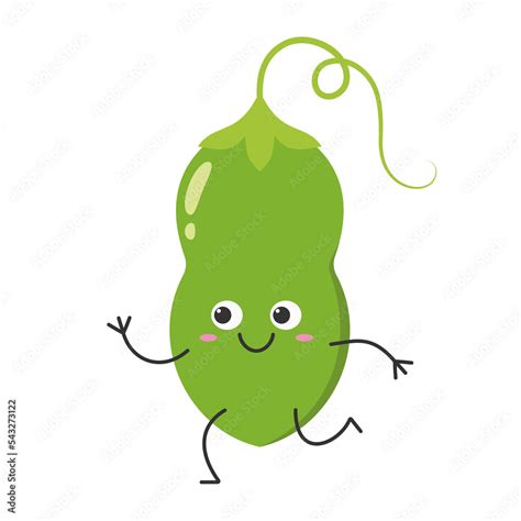 Character Cartoon Green Pea Pod Running Cute Smiling Face Cheerful Kawaii Joy Happy Emotions