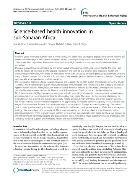 Pdf Science Based Health Innovation In Sub Saharan Africa