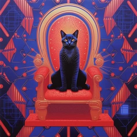 Pintura De Un Gato Negro Sentado En Una Silla Roja Con Un Fondo Azul