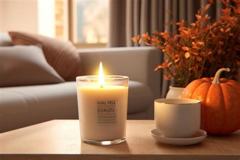 Premium Ai Image Pumpkin Spice Latte Scented Candle Burning In A Co