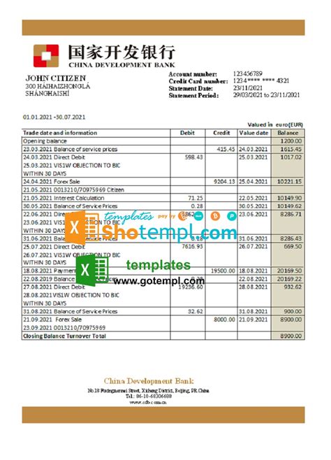 China Development Bank Statement Template In Xls And Pdf File Format